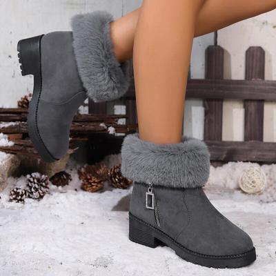 Модные Элегантные Меховые Зимние Сапоги Женские 2025 Зимние Нескользящие На Среднем Каблуке Пушистый Мех Ботильоны Ретро Боковая Молния Хлопковые Туфли Мамы Осень