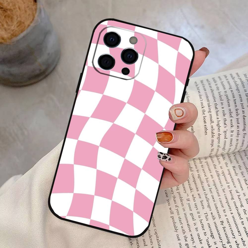 Однотонный клетчатый чехол для телефона для iPhone 17,16,15,14,13,12,11 Plus,Pro Max,XS,Мягкий силиконовый черный чехол