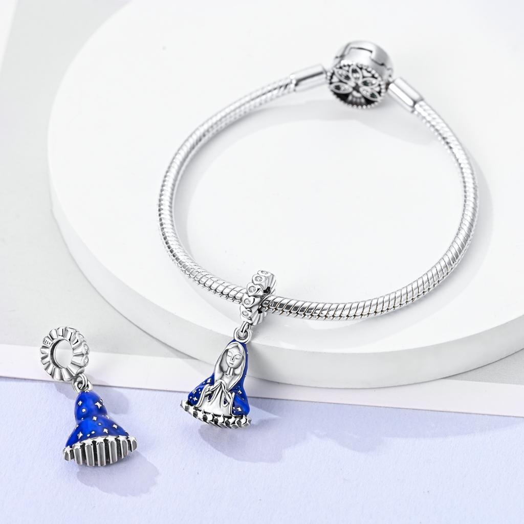 925 Silver Virgin Mary Deep Blue Golden Goddess Beautiful Blessing Charms Beads 3mm DIY Fine Jewelry Making