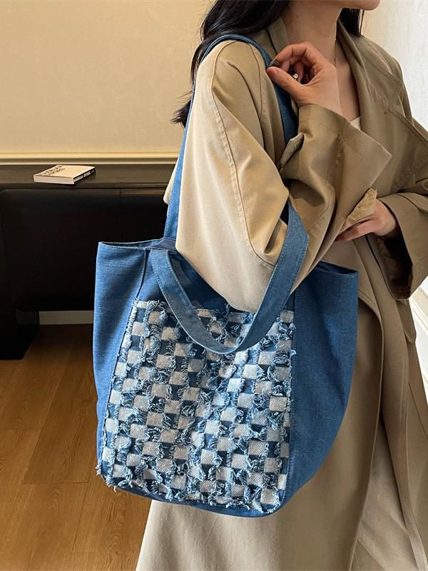 Зима 2025 Клетчатая Сумка из Вареного Денима с Вышивкой - Большая Вместительная Сумка через Плечо