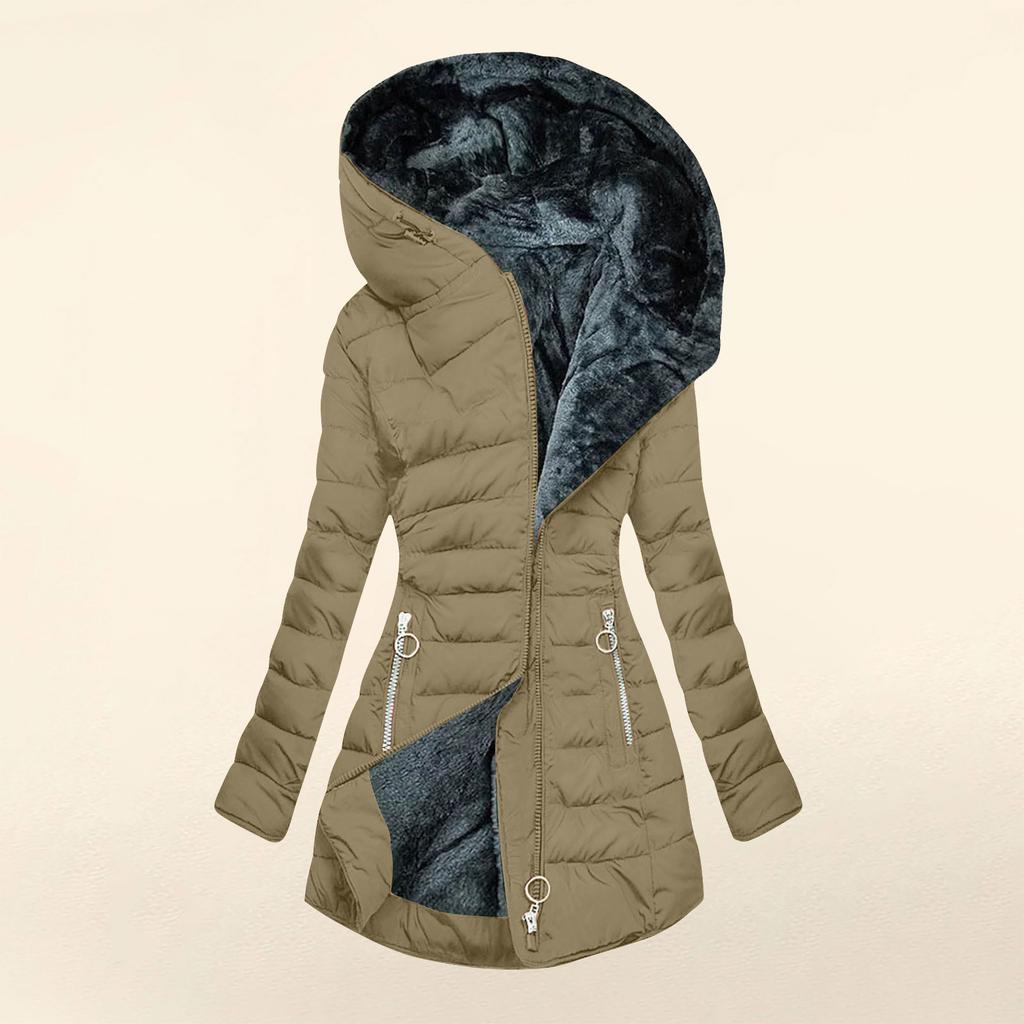 Solid Color Long Sleeve Zippered Slim Fit Women's Winter Hooded Jacket