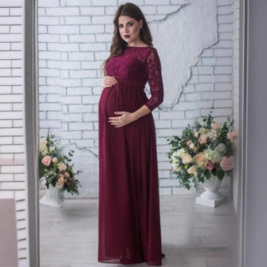 Платье для беременных женщин с кружевом, ажурной цветочной вышивкой, круглым вырезом, длинными рукавами, плиссированным макси-платьем для свадебной вечеринки, выпускного вечера, фотореквизита