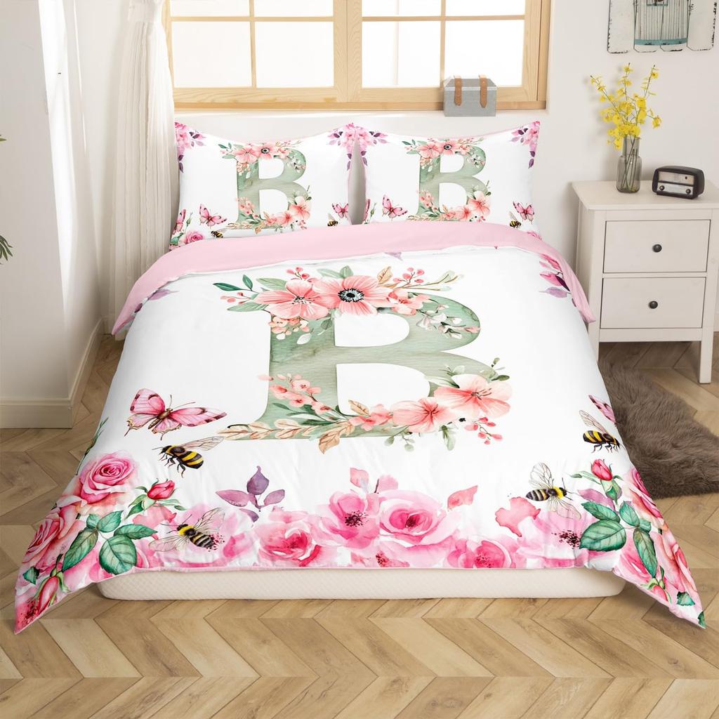Initial Letter A Duvet Cover for Boys Girls Floral Monogrammed Bedding Set Romantic Rose Alphabet Quilt Cover with 2 Pillow Case