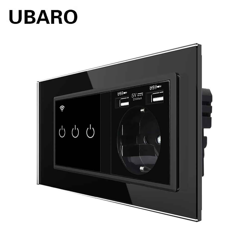 Смарт-сенсорный переключатель европейского стандарта с USB-розеткой, панель из закаленного хрустального стекла, вилка выключателя 220 В, работает с Smart Life Tuya