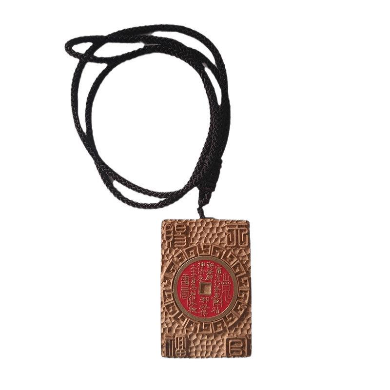 Red Sandalwood Jujube Mountain Ghost Flower Coin Pendant with Inlaid Yatsuhashi and Bagua Safety Charm.