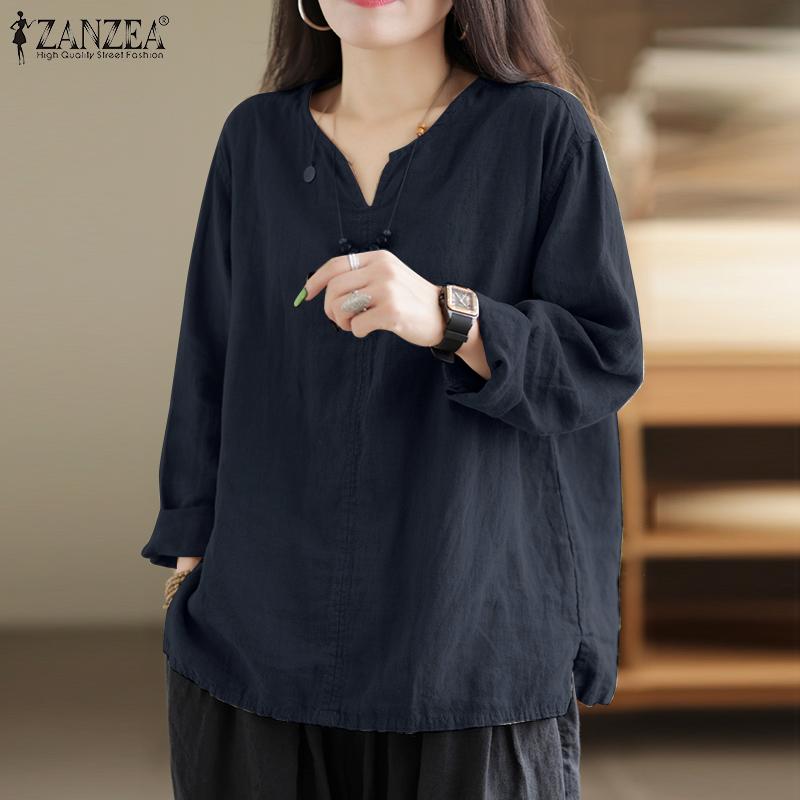 ZANZEA Женские повседневные хлопковые блузки с v-образным вырезом и длинными рукавами