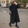 Women's Mid-Length Over-Knee Black Wool Coat, Hepburn, Korean, Loose Fit, Mori Style, Winter-Ready.