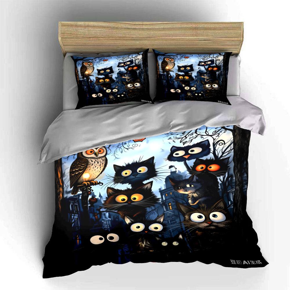 "Charming Cats and Owl Trio Theme printed bedding set"kid's and adults' bedroom decor, Exquisite three-piece bedding set gift