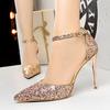 European and American Style Thin Heel High Shallow Mouth Pointed Sequins One Line Women's Sandals