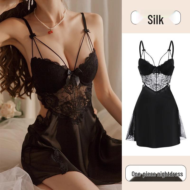 Exquisite Ice Silk Lace Nightgown - Enhances Bust with Pads, Elegant Spaghetti Straps, Perfect for Date Nights