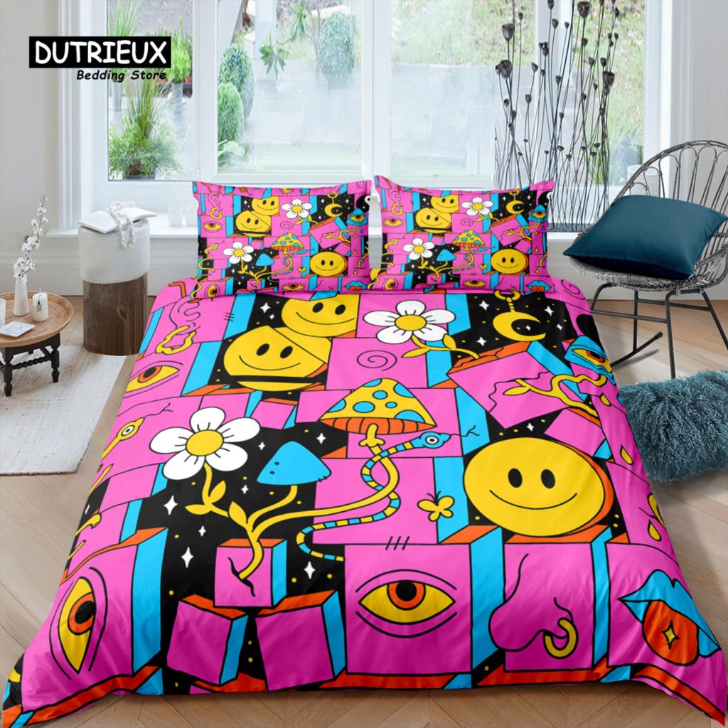 Home Living Luxury 3D Doodle Rhombus Bedding Set Smiley Duvet Cover Pillowcase Queen and King EU/US/AU/UK Size Comforter Bedding
