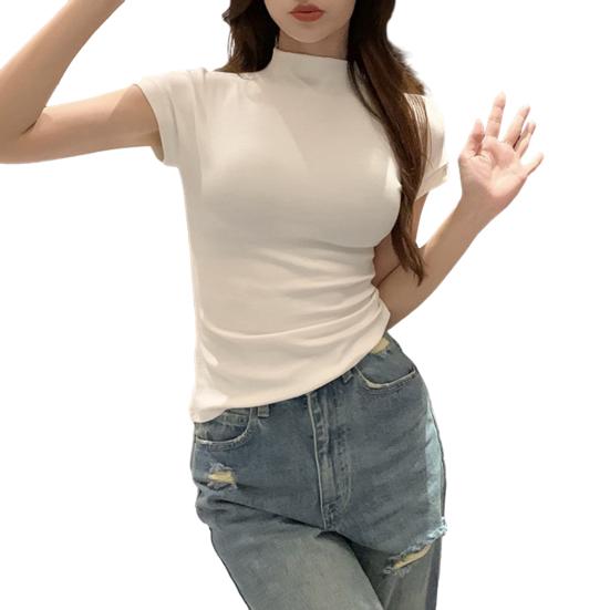 Женские топы с полувысоким воротником, короткими рукавами, приталенная футболка, однотонная