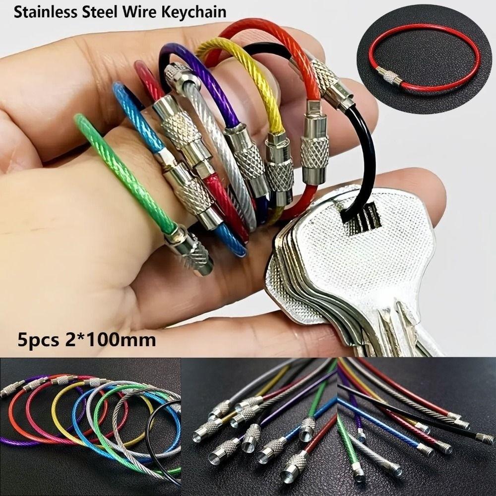 5pcs 2*100mm Key Keyring Circle Rope Cable Loop Stainless Steel Outdoor Camp Luggage Tag Cables