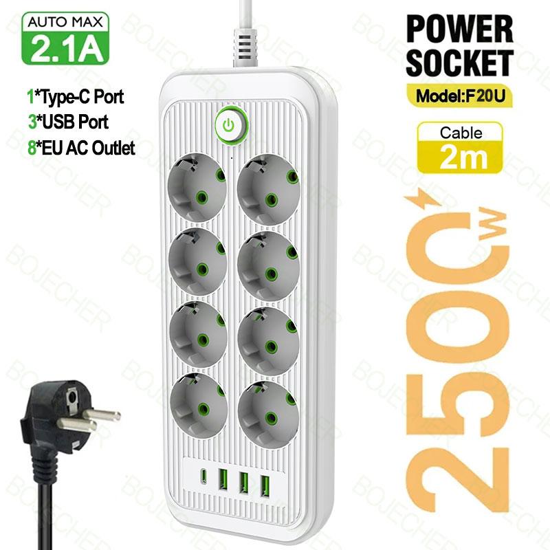 EU Plug AC Outlet Multitap Power Strip 2M Extension Cable Electrical Power Strip USB Home Office Surge Protector Network Filter