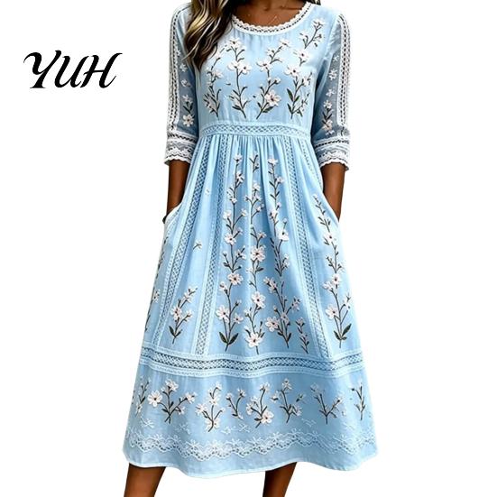 Elegant Daily Wear for Work Dating Autumn Floral Midi Dress Women, Long Sleeve Bohemian A Line Slimming Waist Cinching Dress, Vintage Waist-Cinching