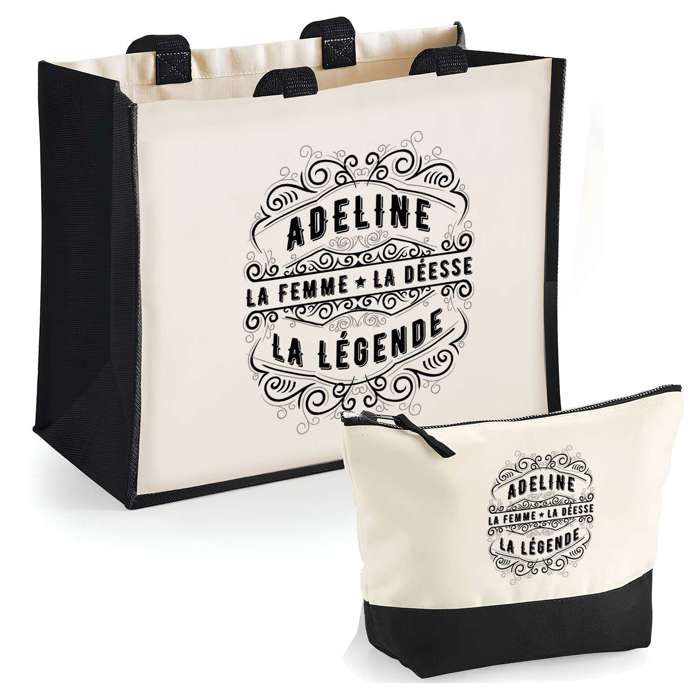 Tote bag - PLANETEE - Adeline Déesse Légende - Duo cabas & trousse - Personnalisé - Jute/Coton 33x42 cm