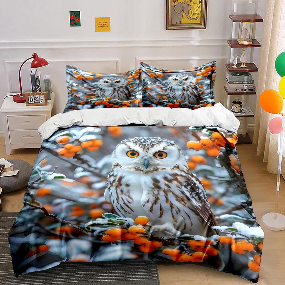 Snowy Owl Nature Decor Set Bedding Set with 1 Duvet Cover 2 Pillowcases Single Double King Queen, Gift