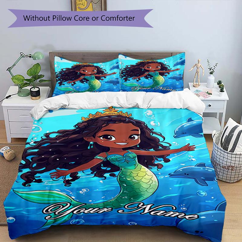 3PC Custom Name Mermaid Adventure Sea Bedding Set Duvet Cover Closure Includes 1 Duvet Cover & 2 Pillowcases for Bedroom
