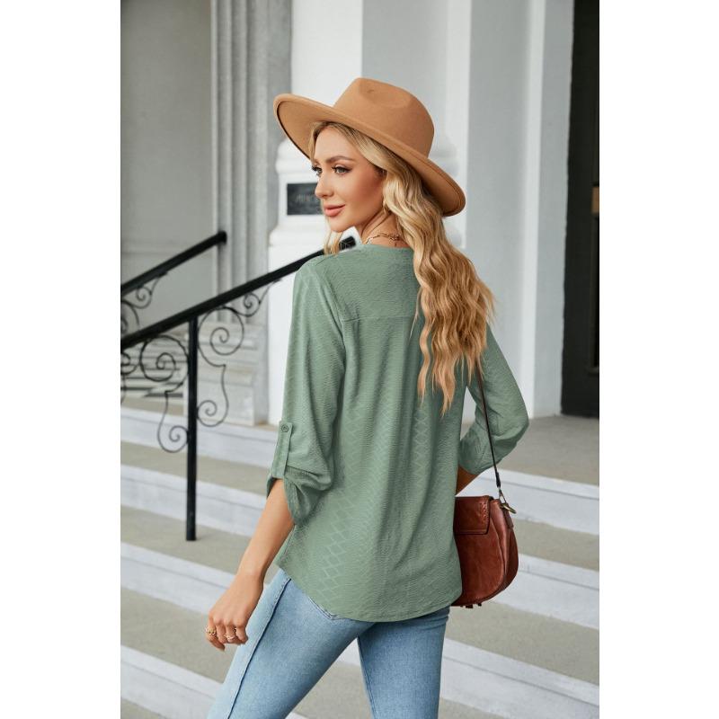 YYFS Женские модные повседневные летние весенние однотонные блузки и рубашки с рукавами 3/4 и v-образным вырезом с принтом