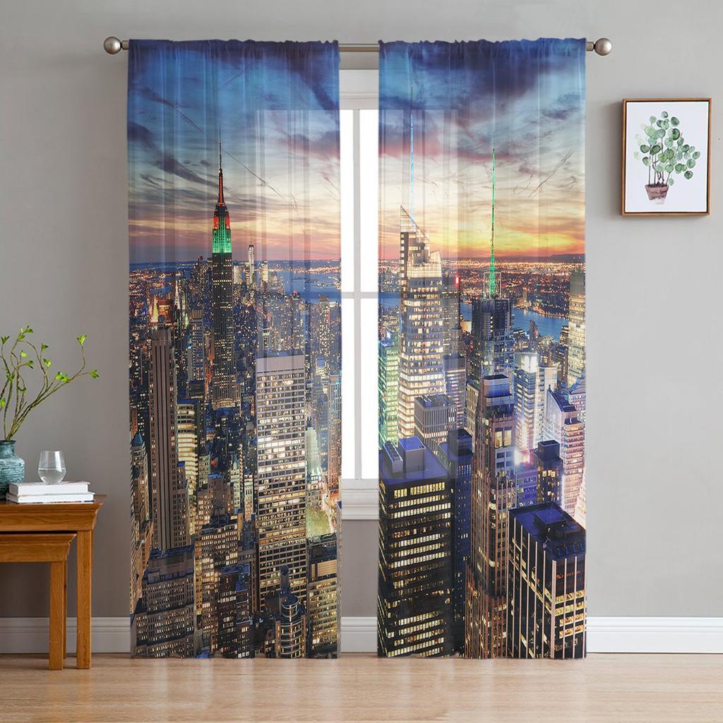City Night Lights Sheer Curtains Living Room Window Tulle Curtains For Bedroom Kitchen Home Decoration Voile Drapes
