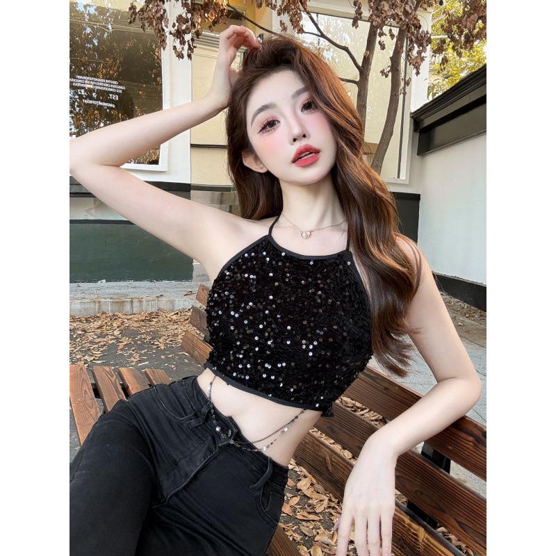 Острый кроп-топ халтер с пайетками - Блестящая клубная одежда для вечеринок для женщин