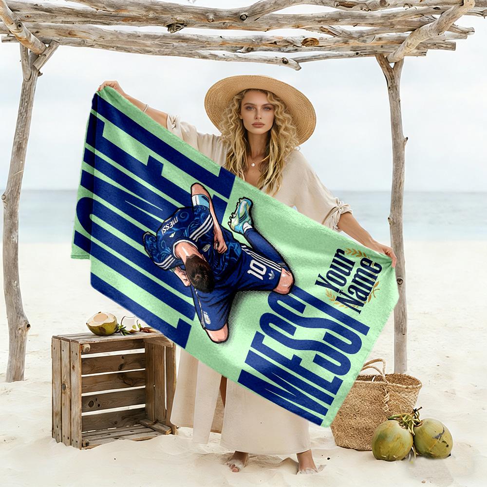 Football Messi Customized Name Beach Towel Soft Durable Quick-Dry Ideal for Travel Outdoor Swim Pool Yoga Surf Camping Hiking Gym Gift Holiday