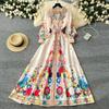 France Elegant Vintage Luxury Evening Dress Women Print  Button Long Party Dress Female Casual Chic Holiday Clothing