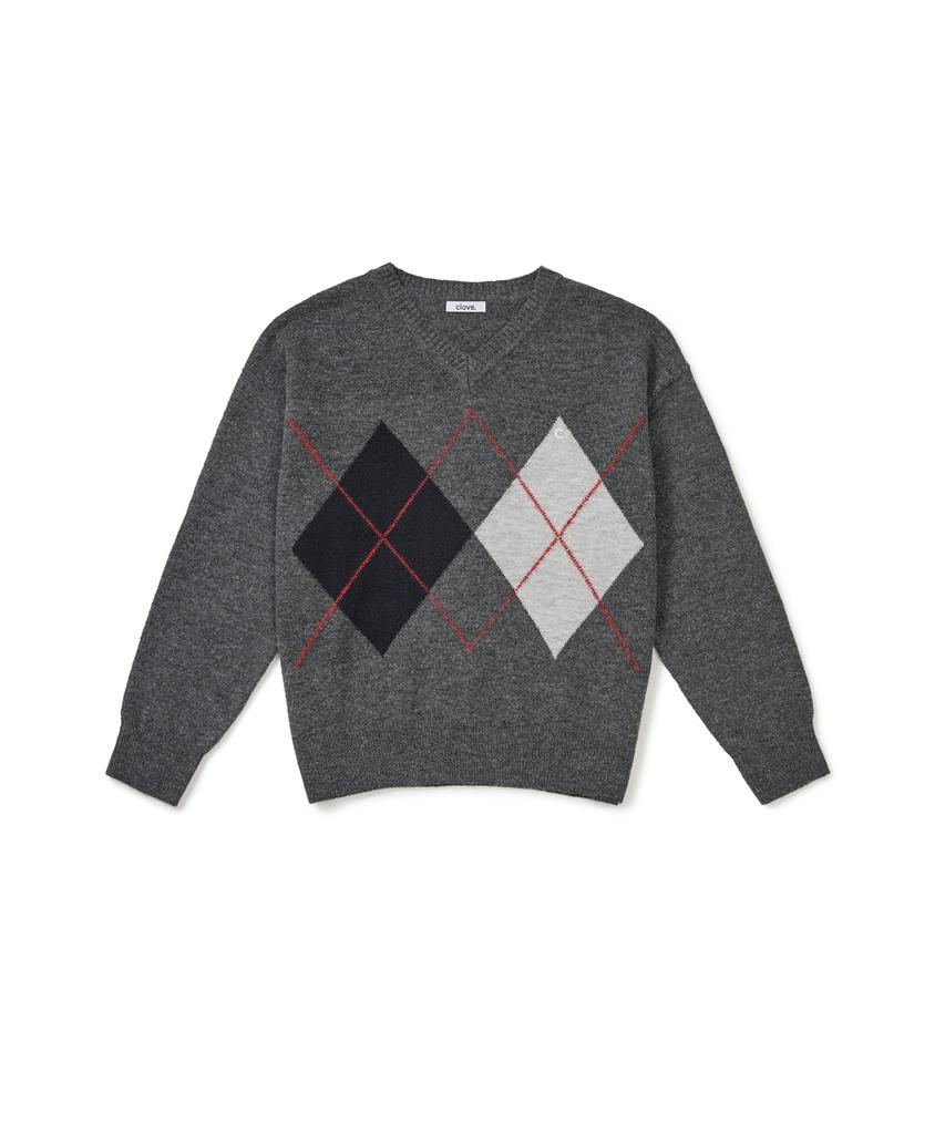 CLOVE [25Fw Clove] V-Neck Argyle Sweater (Melange Gray)