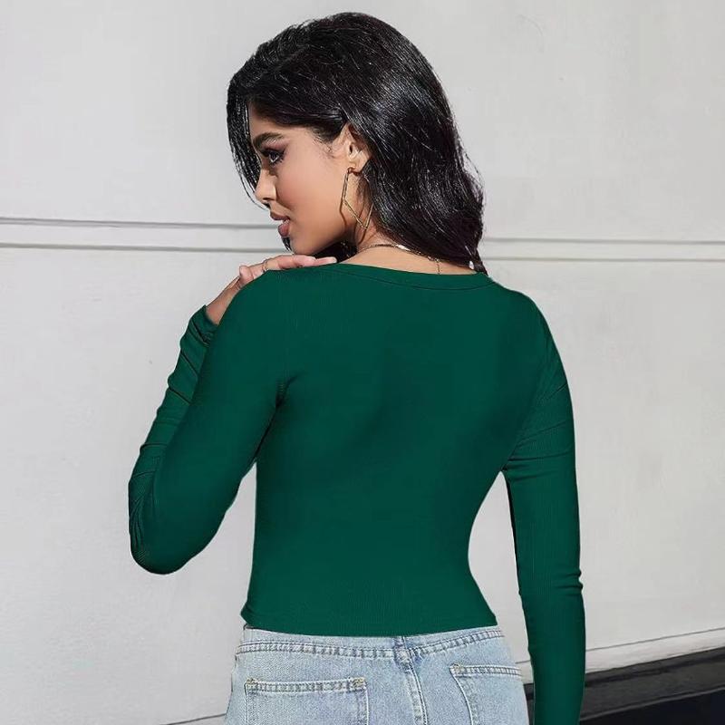 Women's Threaded Slim Fit Long Sleeve Square Neck T-shirt for Women S-XL Belly Button Top