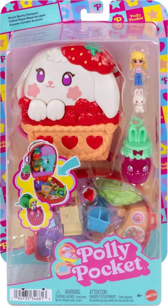 Polly Pocket Doll & Playset, Strawberry Picnic Bunny Compact.