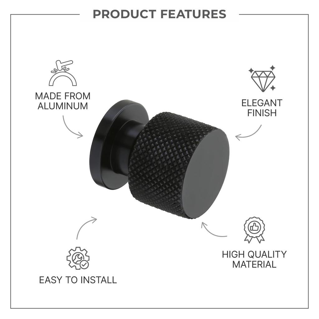 10 Piece Knobs for Cabinets– Modern Aluminum Drawer Knob for Kitchen, Wardrobe, Cupboard, and Home Furniture (Black Finish)