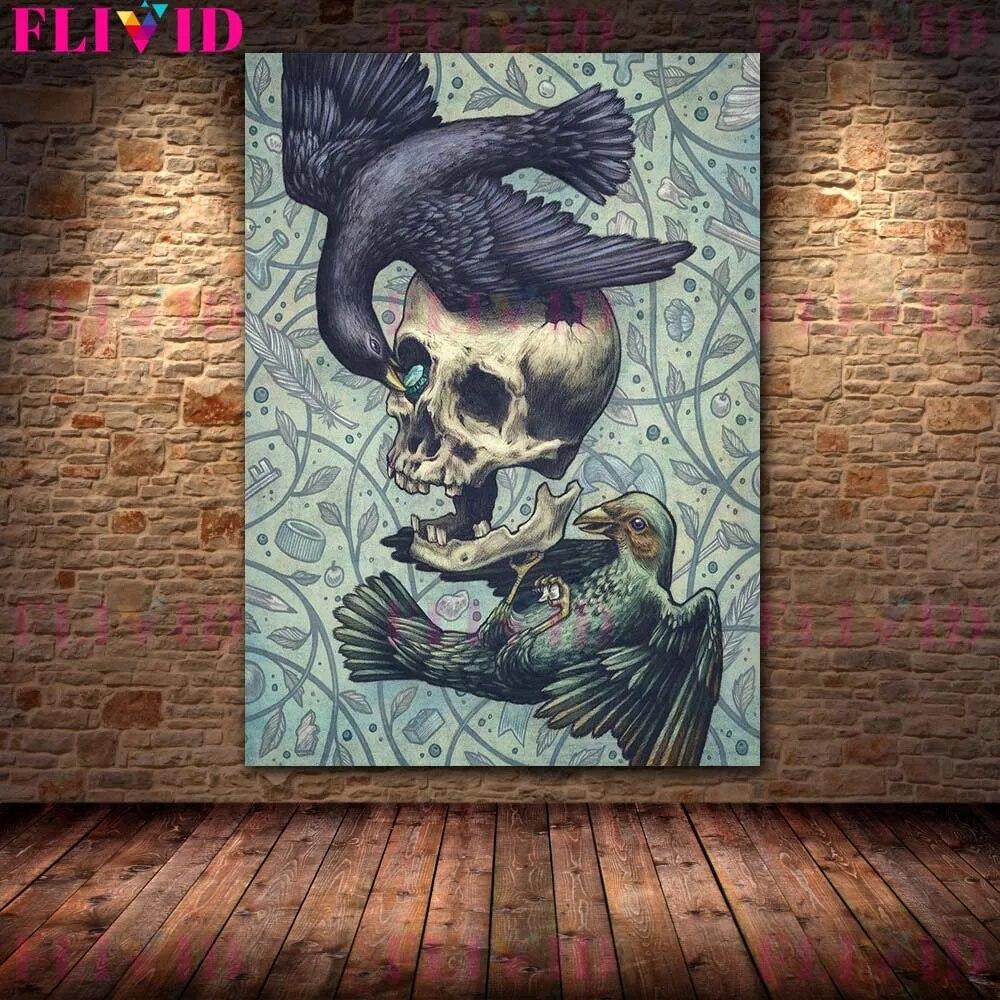Скелеты, цветы и загадочные животные, винтажная настенная живопись на холсте, летучая мышь, опоссум, астрология, луна, звезды, планеты, печать плакатов, без рамки