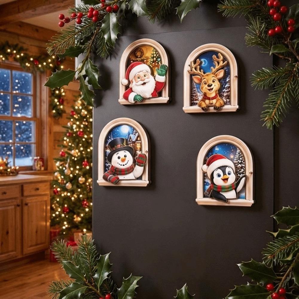Magnetic Window Frame Refrigerator Sticker Wooden Christmas Fridge Magnet Kitchen Decor