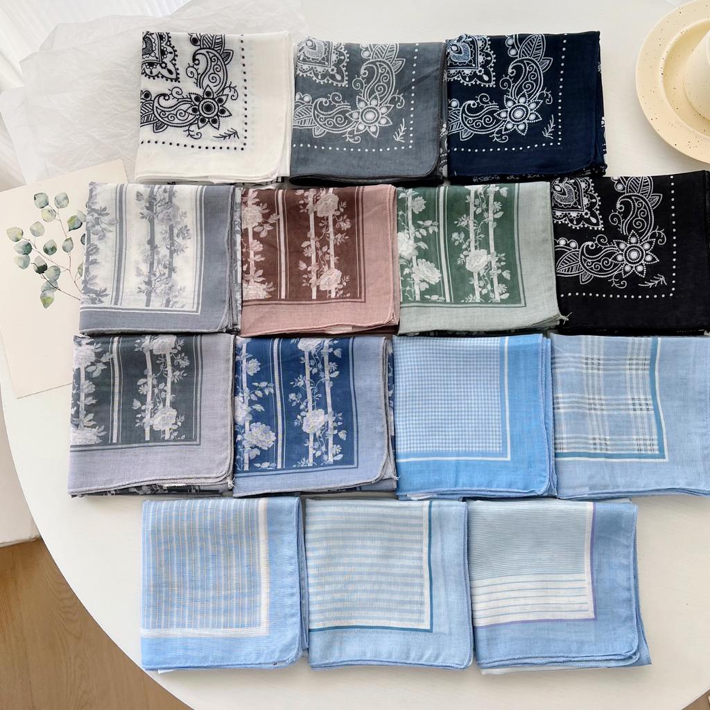 Spring and summer Japanese small fresh headscarf new versatile floral cotton and linen small square scarf women's thin decorative scarf silk scarf