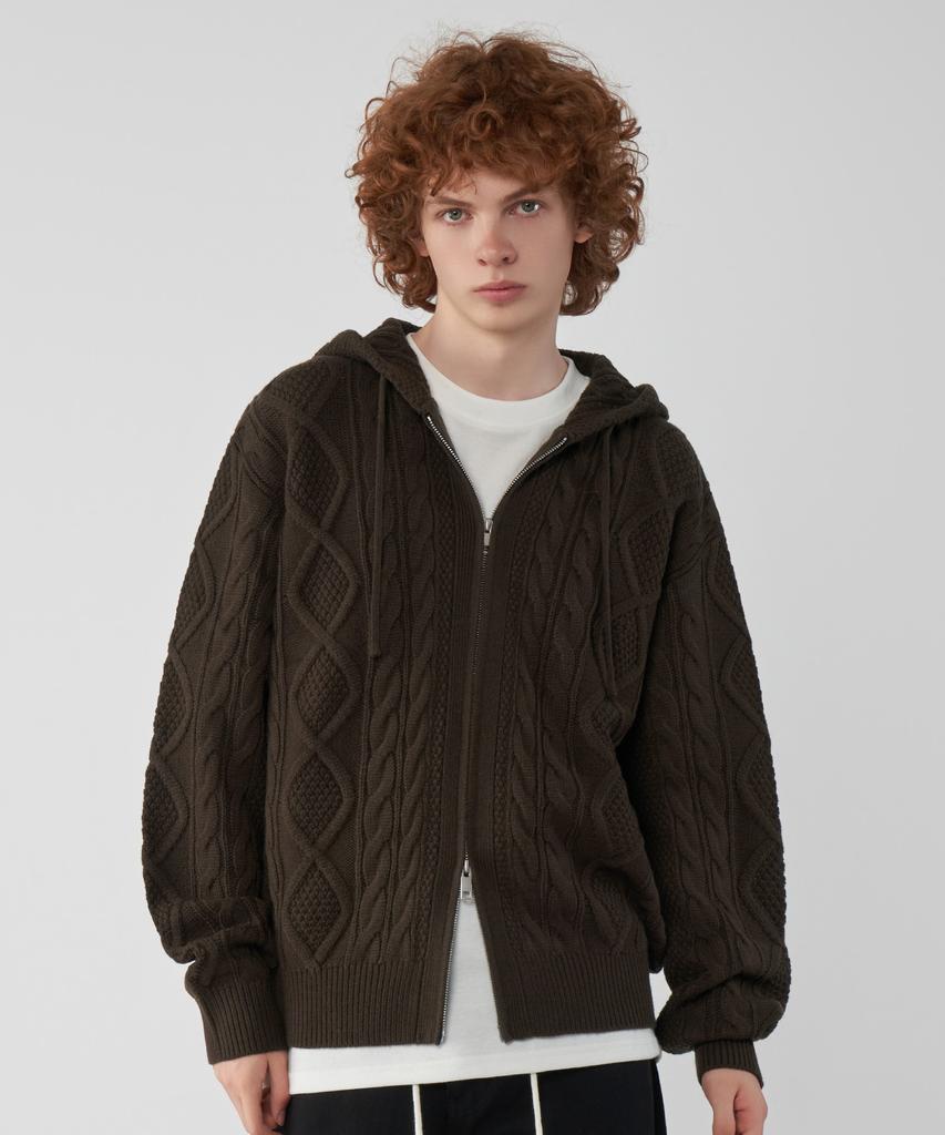UNTAPPED STUDIO Oversized 2-Way Aran Cable Knit Zip-Up Hoodie 5 Colors