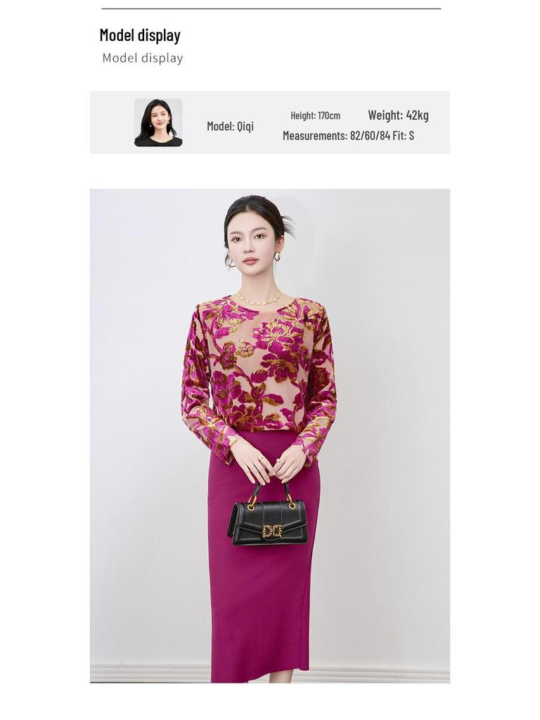 Luxury Women's Long Sleeve Flocked Top with Bright Silk Burnout Design