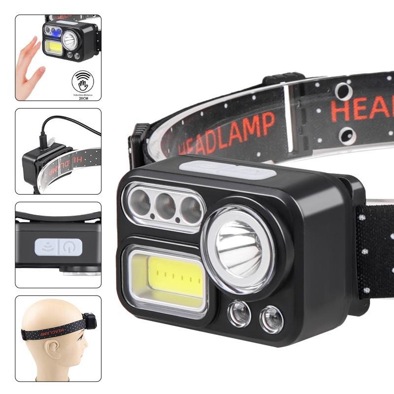 New Motion Sensor Headlamp, XPE+COB 4-Light LEDs, Long Battery Life for Night Fishing, Running