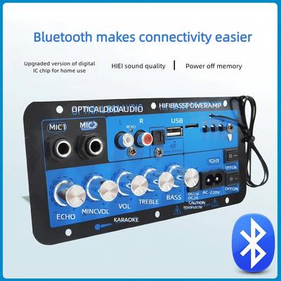 Автомобильный Bluetooth-усилитель P60-OP с реверберацией, двумя микрофонами, оптическим входом, USB/TF/FM, HiFi аудиодекодером.