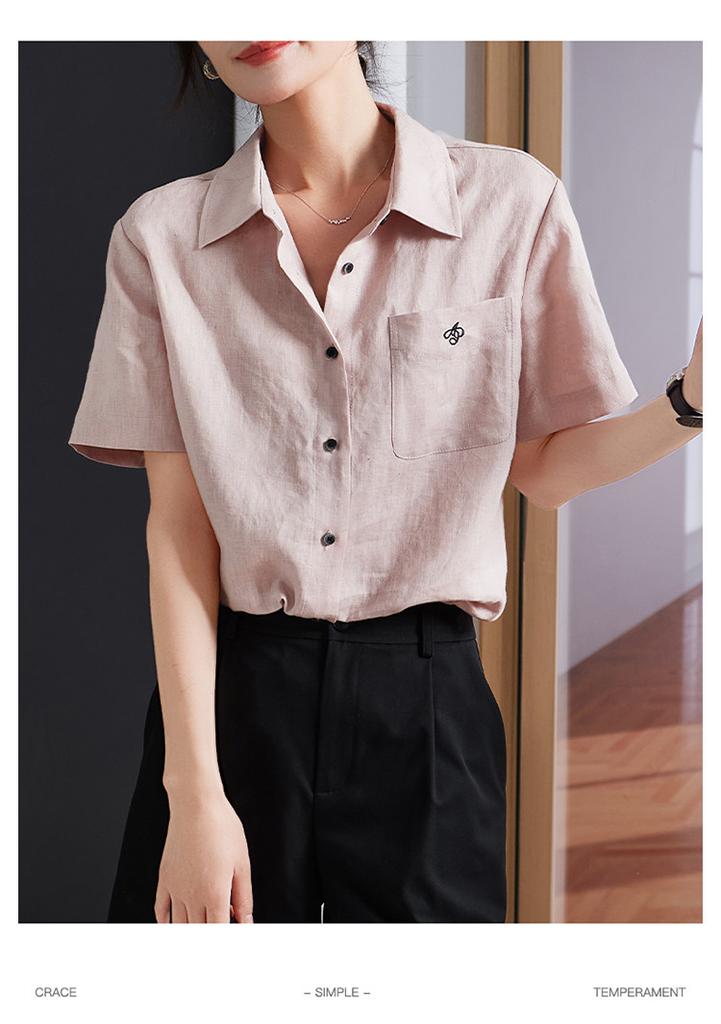 Embroidered collar short sleeved linen shirt for women, 2026 summer commuting versatile shirt, small shirt