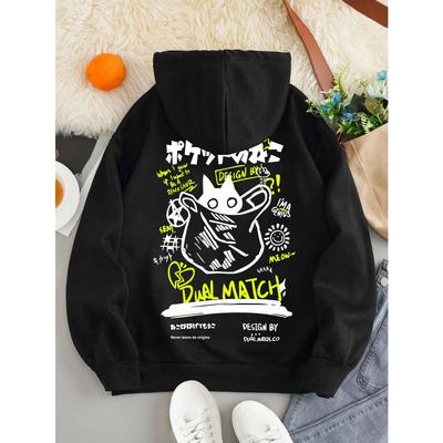 Милый мультяшный принт с кошкой, женская толстовка Harajuku, повседневная, свободная, с капюшоном, модная, мягкая, с карманами, толстовка с капюшоном, теплая, осенняя женская одежда