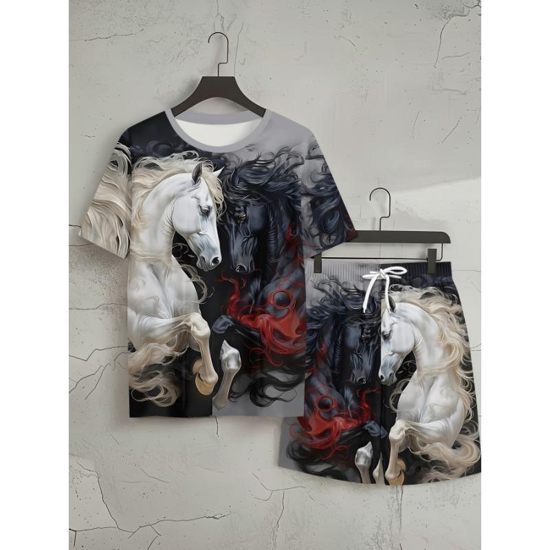 Men's Eye-Catching Summer Set: Printed Tee with Horse Motif & Matching Shorts. Trendy Loose Fit for Plus Size Men - Holiday Wear
