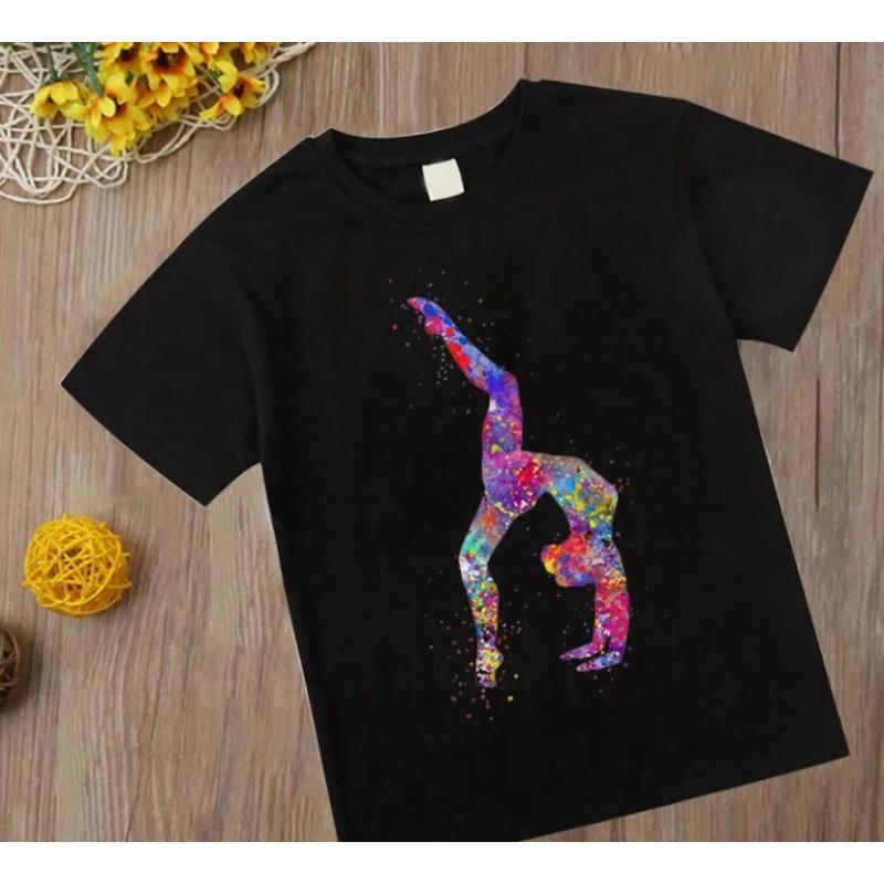 Watercolor Gymnastic Girl Print Children 'S T -Shirts Kids Black Tshirt Gym Excercise Sport Lover Birthday Gift Custom T Shirttops
