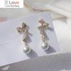 Korean Fashion Jewelry 14K Real Gold Plating Exquisite Copper Inlaid Zircon Bow Earrings Sweet Beauty Pearl Pendant Earrings