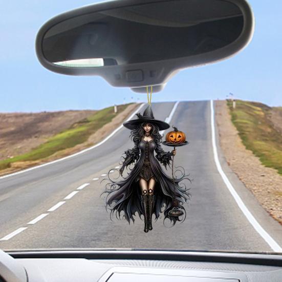 Gothic Witch Pendant 2D Acrylic Car Hanging Ornament Rearview Mirror Ornament for Halloween And Gothic Lovers