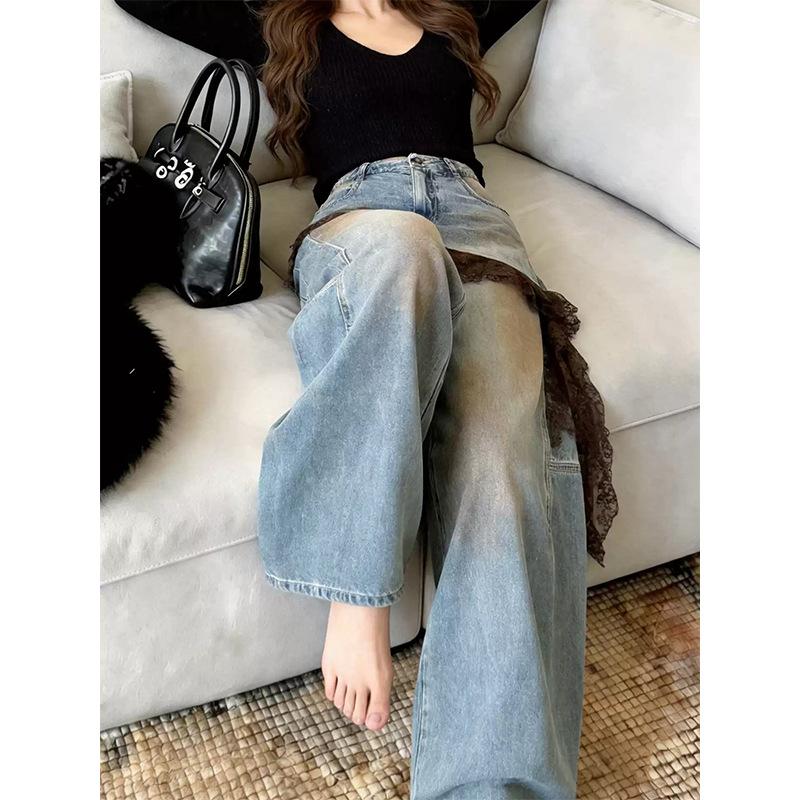 Blue washed old jeans women's autumn high waist drape loose lazy style casual versatile wide leg trousers