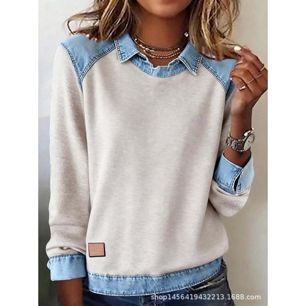 Women's Clothing, Denim Collar Long Sleeved Pullover Spliced Knit Sweater Top