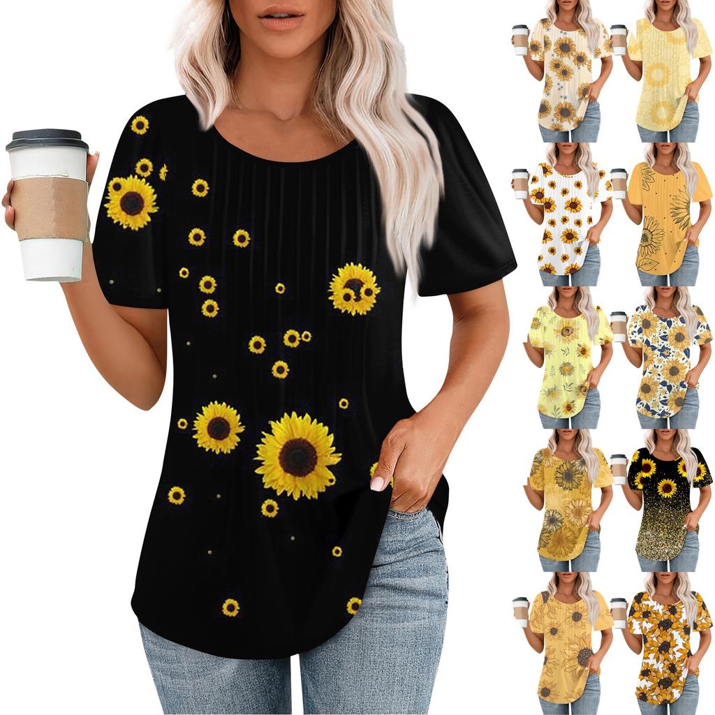 Women's Summer Fashion Casual Pleated Round Neck Print Short Sleeve T-Shirt Top