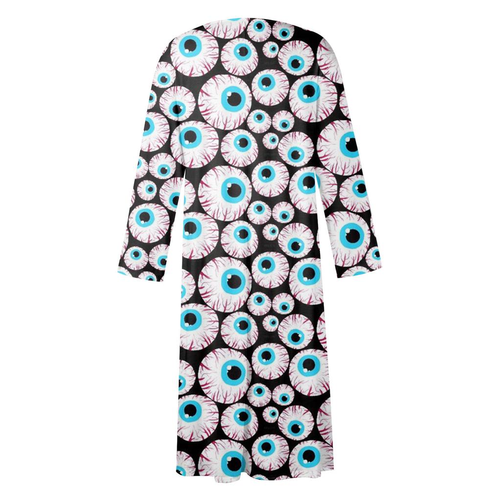 Women's Casual Round Neck Halloween Printed Midi Dress Long Sleeve Pocket Dresses