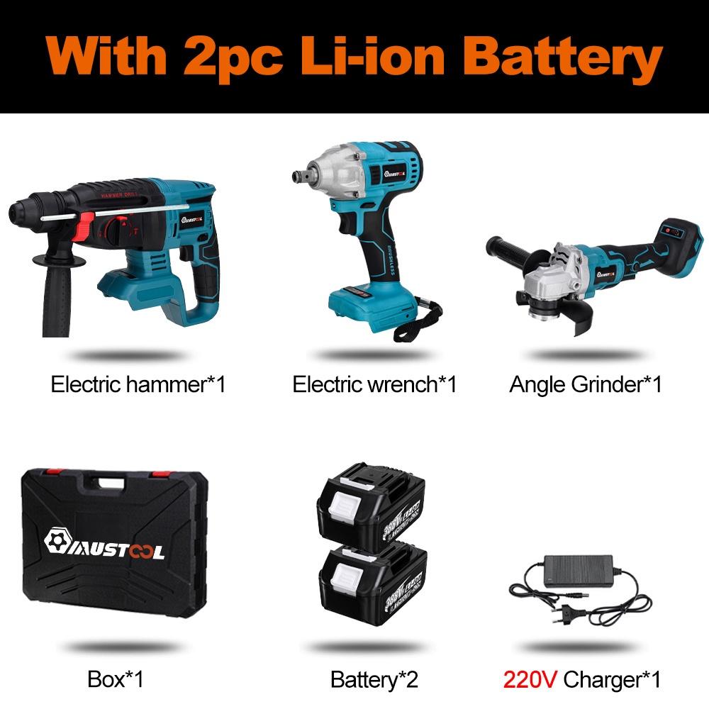 Набор электрических инструментов 3 в 1, бесщеточная угловая шлифовальная машина 125 мм, электрический ударный гайковерт, перфоратор для батареи 18 В