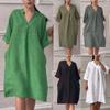 Women's Cotton Linen Solid Color Casual V-neck Elegant Long Casual Dresses